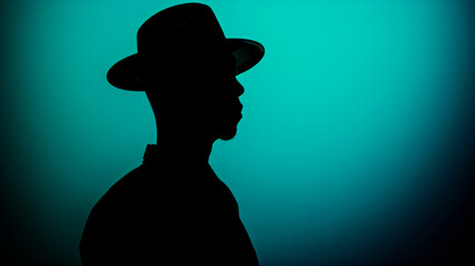 Elegant afro-american model wearing hat against cian cool background