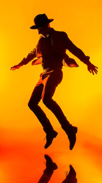 Stylish dancer wearing hat jumping silhouetted against orange and yellow background, energetic lifestyle