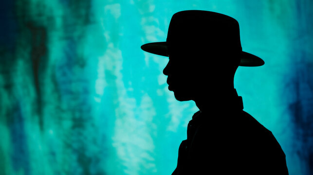 Elegant afro-american model wearing hat against cian cool background