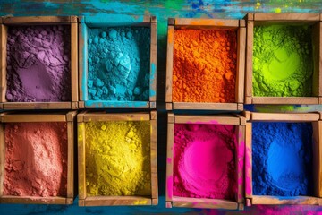Festival of Colors: Assorted Colorful Gulal Powders in Various Containers for Celebrating Holi.  Generative AI.
