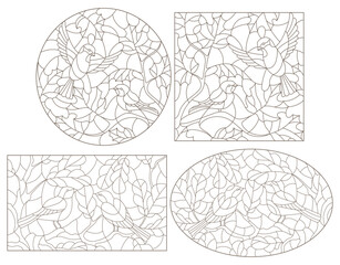 A set of contour illustrations in the style of stained glass with birds on oak branches, dark contours on a white background