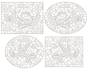 Set of contour illustrations in stained glass style with cute birds on a cloudy sky background, dark outlines on a white background