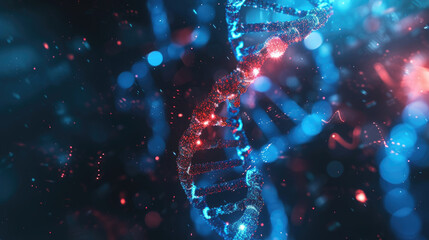 DNA.Digital illustration of a glowing DNA double helix structure in blue and red, symbolizing advanced research in genetics and biotechnology.