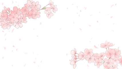 Fototapeta na wymiar 桜のコーナー飾り　水彩風　16：9　桜の花びらが舞い散るイラスト