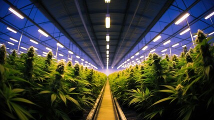 Commercial Cannabis grow in greenhouse. Rows of plants. - obrazy, fototapety, plakaty
