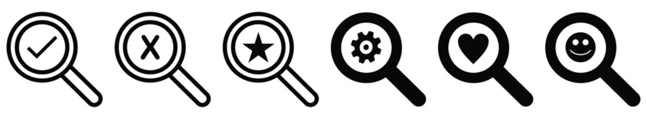 Magnifying glass loupe. search check, tick, cross, star, gears, heart, emoji vector collection icon.
