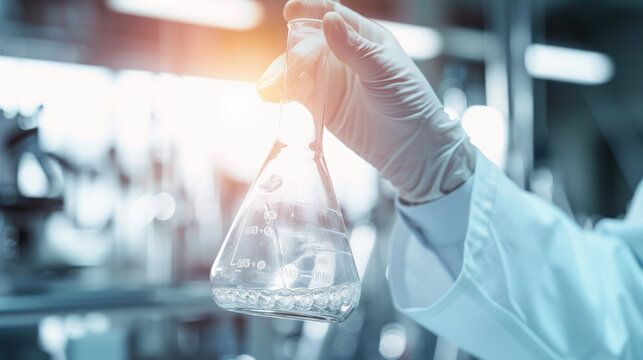 Close-up of a laboratory scientist analyzing a bubbling chemical reaction in a conical flask against a backdrop of laboratory equipment.