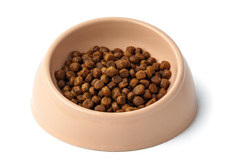 Bowl with dry pet food isolated on white background