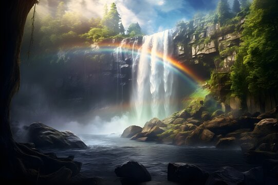 A surreal scene of a rainbow arching over a waterfall in a misty forest.