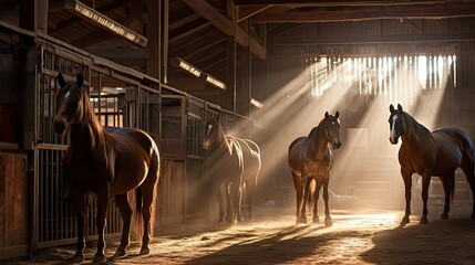 stable horses in barn - obrazy, fototapety, plakaty