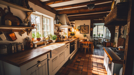A warm and inviting rustic farmhouse kitchen bathed in natural light, featuring wood beams, antique furniture, and a classic stove