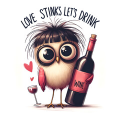 Cute Bird With Wine Bottle Funny Illustration with quote 