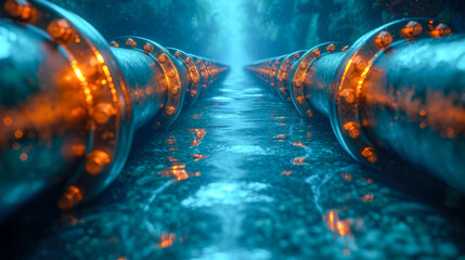 Old rusty industrial pipeline with oil or gas in deep blue water - obrazy, fototapety, plakaty