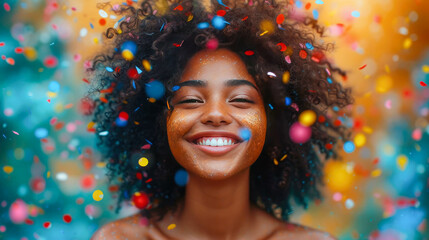 Portrait of a beautiful young african american woman with afro hairstyle and confetti - obrazy, fototapety, plakaty
