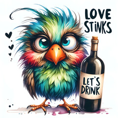 Cute Bird With Wine Bottle Funny Illustration with quote 