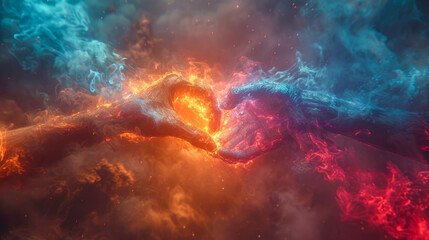 Two energy fire hands forming a heart shape on dark background. Love and romance concept