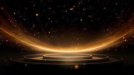 Luxurious and futuristic golden empty stage, golden particles background in stage shape