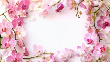 Bathed in a soft pink glow, several orchid blooms frame a rectangular space, creating a sense of depth and mystery