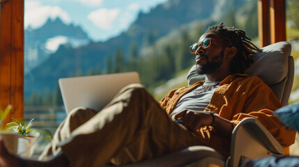 Fototapeta premium African American entrepreneur working remotely from a breathtaking mountain view, proving that work can happen from anywhere.