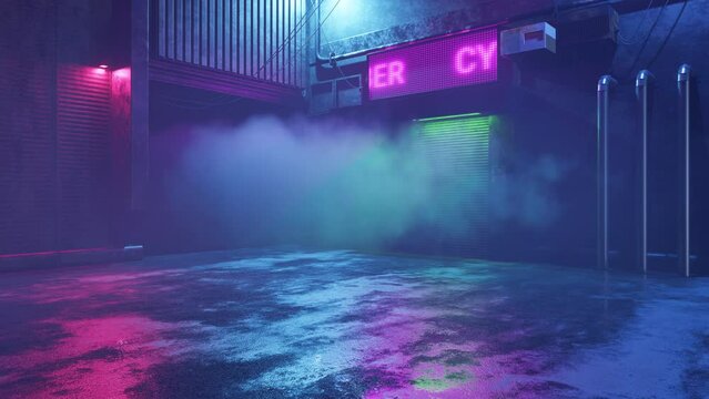 Cyberpunk sci-fi urban scene. Night alley with neon lights, smoke, signage, cables, air conditioning and old buildings for templates, banners. 4k video footage. 3d render modern design in stock video.