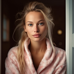 portrait of a woman wearing pink bathrobe