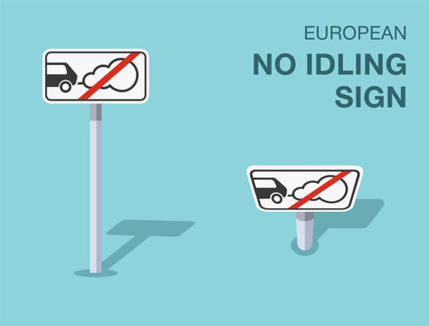 Traffic regulation rules. Isolated european no idling sign. Front and top view. Flat vector illustration template.