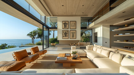 Coastal Haven: Architecture Photography Showcasing Sitting Room with Tribal Wall Art and Sofa