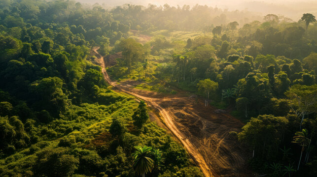 A contrasting image displaying the harsh reality of deforestation, with a stark path cut through the center of a lush, dense rainforest.