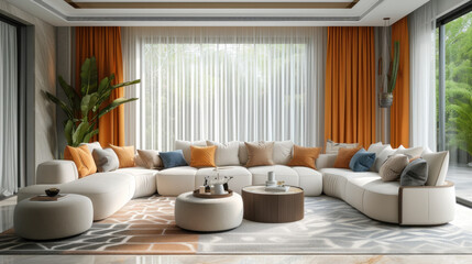 Fototapeta premium A stylish lounge featuring a curved modular sofa, patterned rug, and vibrant orange drapes that complement the lush greenery outside.