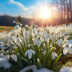 spring snowdrops in the snow