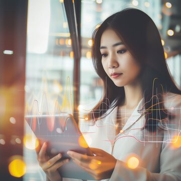 A professional asian woman with graphs. Application of new technologies. A woman uses a laptop. Economy concept. Double exposure. woman with lights