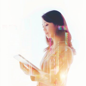 A professional asian woman with graphs. Application of new technologies. A woman uses a laptop. Economy concept. Double exposure. woman with lights