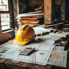 Yellow worker helmet in warehouse, construction helmet and blueprint on the table, construction helmet and tools on wood table, calculator and house plan
