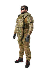 Male soldier in military ammunition isolated on white background