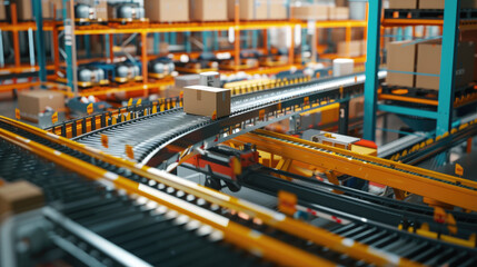 Streamlined automated conveyor belts efficiently transporting packages within a large distribution warehouse with high shelves.