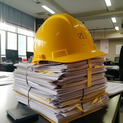 Yellow worker helmet in warehouse, construction helmet and blueprint on the table, construction helmet and tools on wood table, calculator and house plan