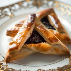 Purim celebration concept, Jewish carnival holiday. Traditional hamantaschen cookies over a white table. High quality photo