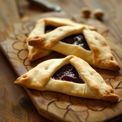 Purim celebration concept, Jewish carnival holiday. Traditional hamantaschen cookies over a white wooden table. High quality photo