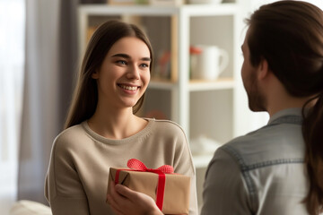 Romantic Couple on Valentine's Day giving Gifts 