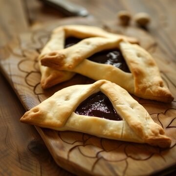 Purim celebration concept, Jewish carnival holiday. Traditional hamantaschen cookies over a white wooden table. High quality photo