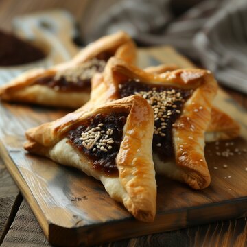 Purim celebration concept, Jewish carnival holiday. Traditional hamantaschen cookies over a white wooden table. High quality photo