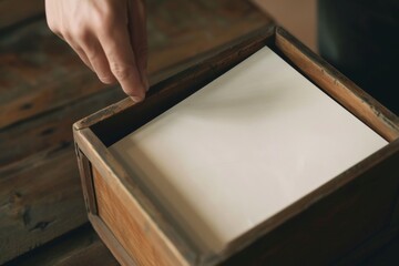 person is reaching into an open wooden drawer, which contains a blank sheet of paper - obrazy, fototapety, plakaty