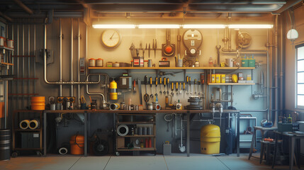 Fully equipped professional plumber's workshop - Wide shot of an organized workspace with various tools, pipes, and fittings