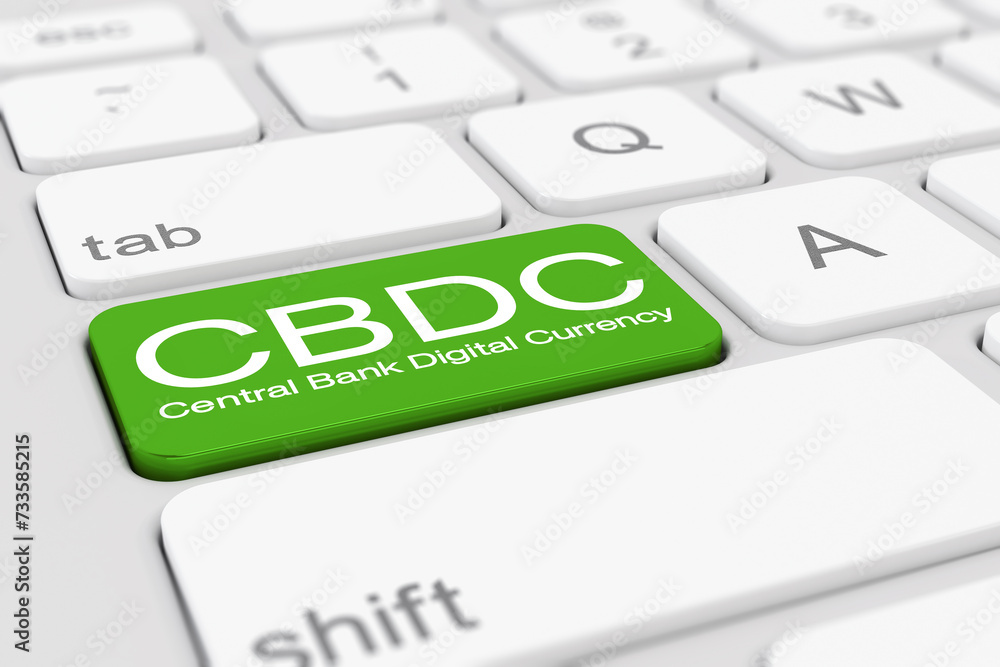 Poster 3d render of a white keyboard with green cbdc - central bank digital currency button - business conc