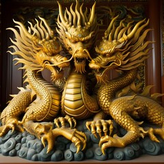 Obraz premium A three-headed golden dragon was sleeping on a pile of treasure.