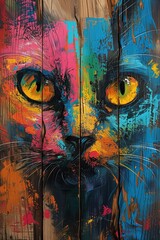 Cat Portrait Street Art Mural, Colorful Pet and Animal Painting - obrazy, fototapety, plakaty