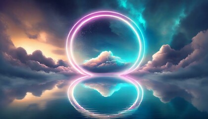 heart shaped cloud, glowing ethereal neon circular geometric shape in clouds with water reflection - obrazy, fototapety, plakaty