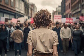 Fototapeta premium Young woman, protesting or riot, women crowds of people in a tight crowd, Peaceful Demonstration on the streets of the city, young adult people, Ai generated