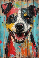 Smiling Dog Street Art Mural, Vintage Wall Painting, Vertical Pet and Animal Portrait Illustration - obrazy, fototapety, plakaty