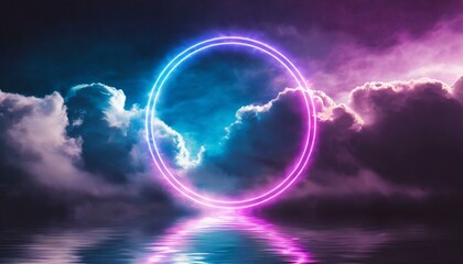 glowing ethereal neon circular geometric shape in clouds with water reflection